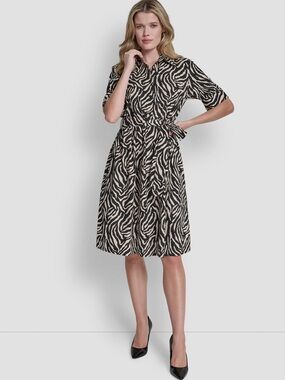 DKNY Black and Cream Zebra-Print Button Front Belted Shirtdress Polished Chic